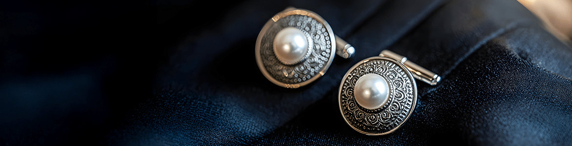 elegant silver and pearl cufflinks on a blck satin fabric