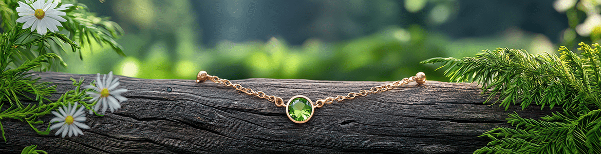 round peridot gemstone gold bracelet on a wooden fence railing and greenery background