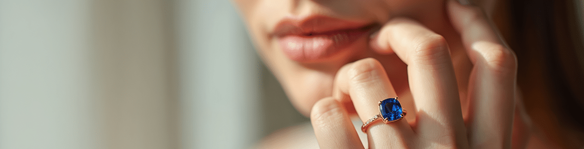 closeup of a sapphire and gold ring on a woman's hand, the woman's face blurry in the background